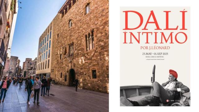 A la izquierda, la fachada del Real Círculo Artístico de Barcelona. A la derecha, el póster de la exposición de Jacques Léonard