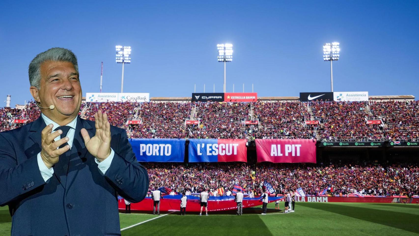 El presidente del Barça, Joan Laporta, y el mosaico en Montjuïc para el clásico, en un montaje