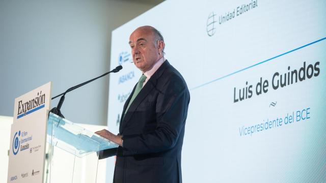 Luis de Guindos durante su intervención esta tarde en Madrid