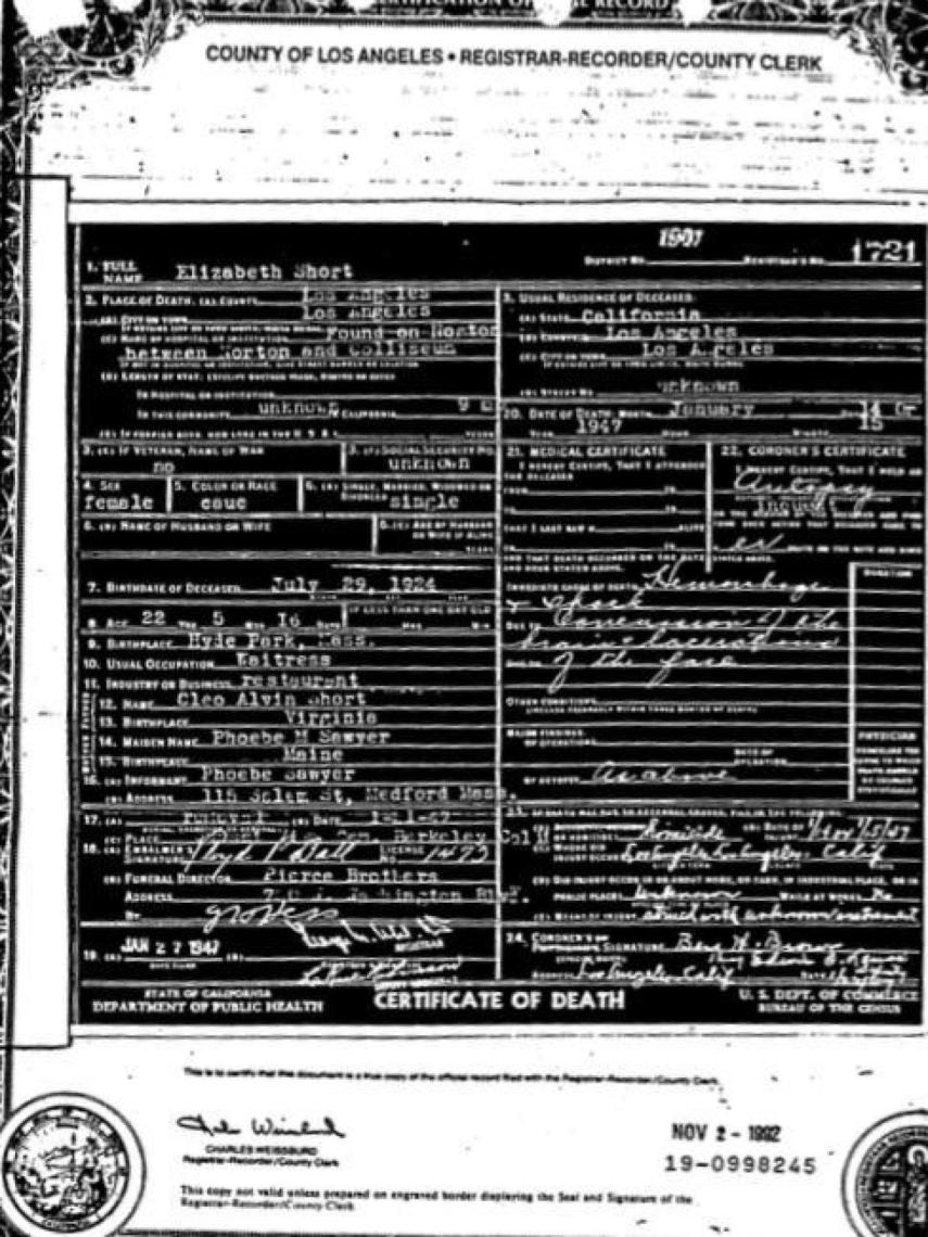 El certificado de muerte de Elizabeth Short