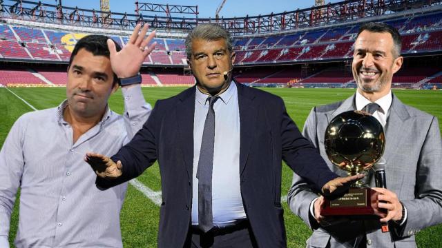 Deco, Joan Laporta y Jorge Mendes, en un montaje con el nuevo Camp Nou de fondo