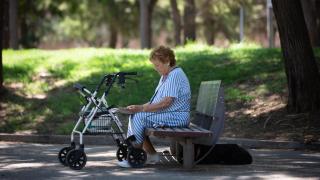 Una mujer lee bajo la sombra de unos árboles en el parque de la Barceloneta