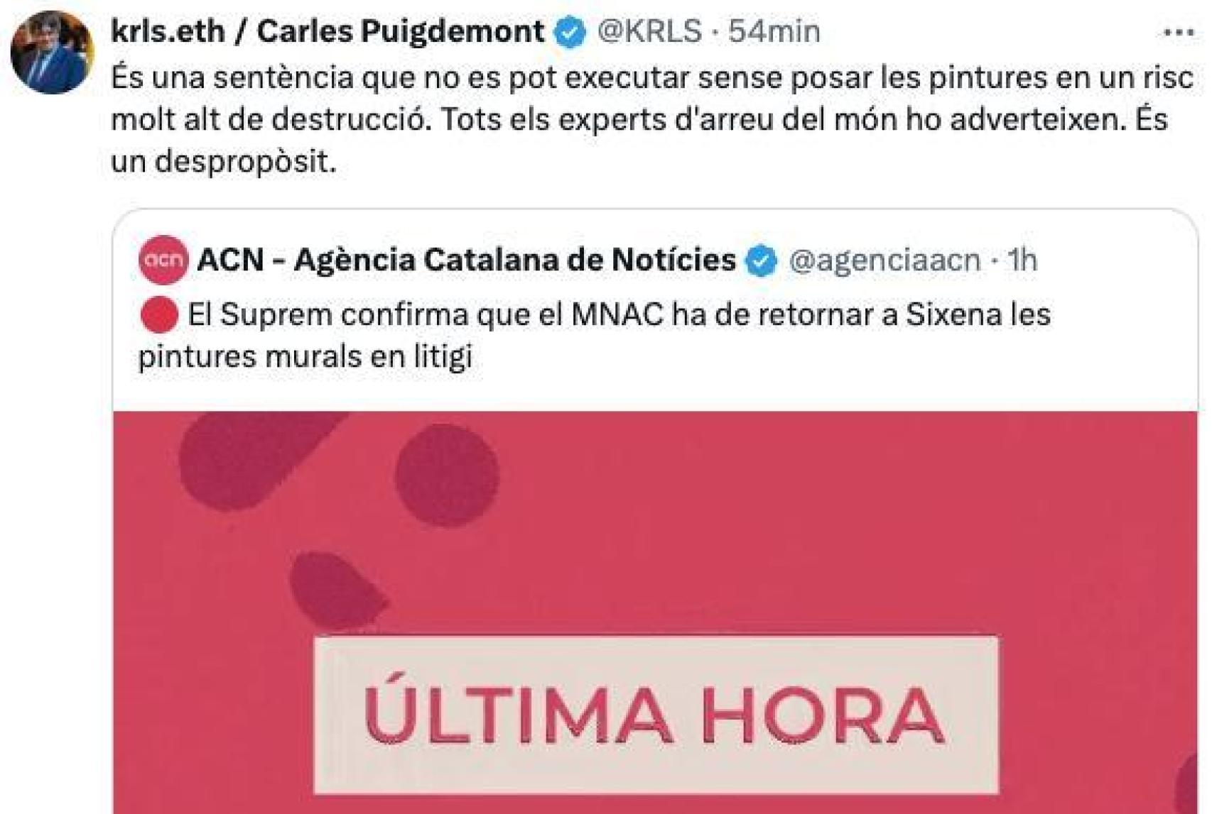 Puigdemont, diciendo que las obras de Sijena están en un riesgo muy alto de destrucción