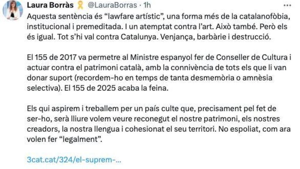 Laura Borràs, criticando la devolución de las obras de arte de Sijena a Aragón