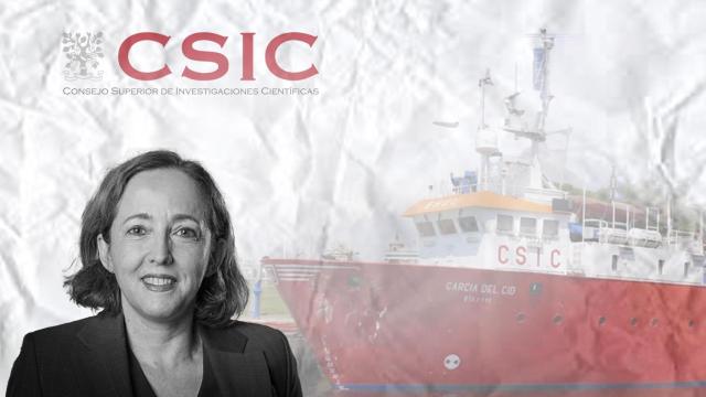Eloísa del Pino, presidenta del CSIC, el barco Garcia del Cid y el logo del organismo
