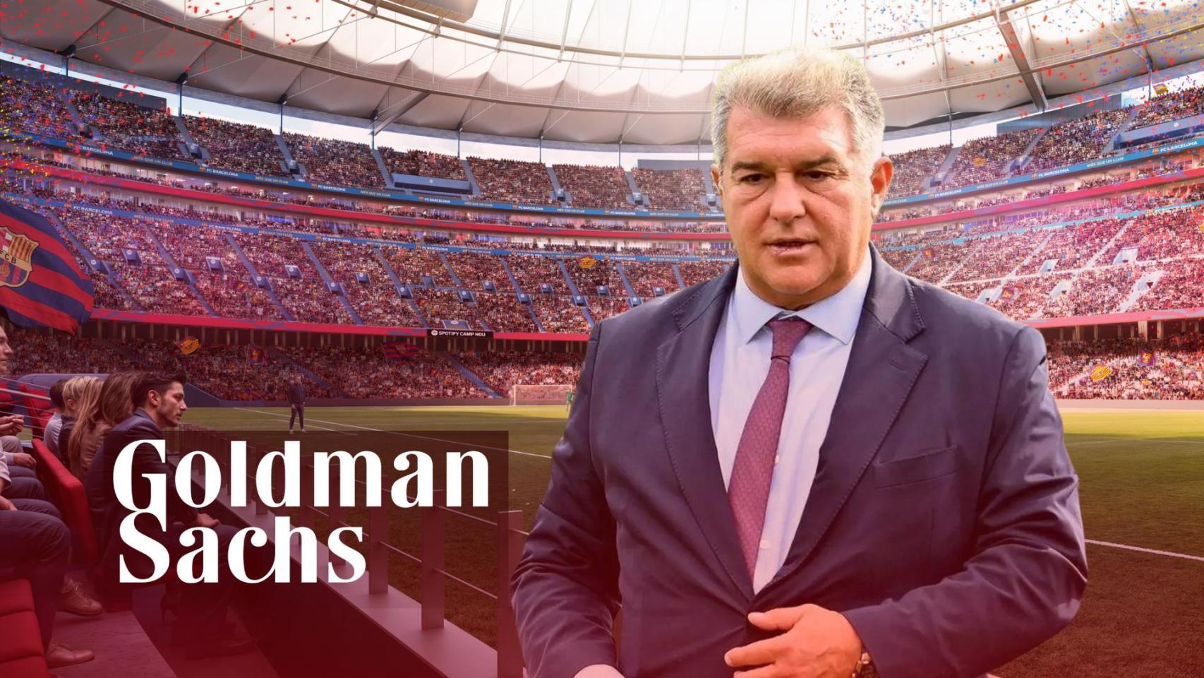 El presidente del Barça, Joan Laporta, en un montaje con el logotipo de Goldman Sachs y un 'render' del nuevo Camp Nou