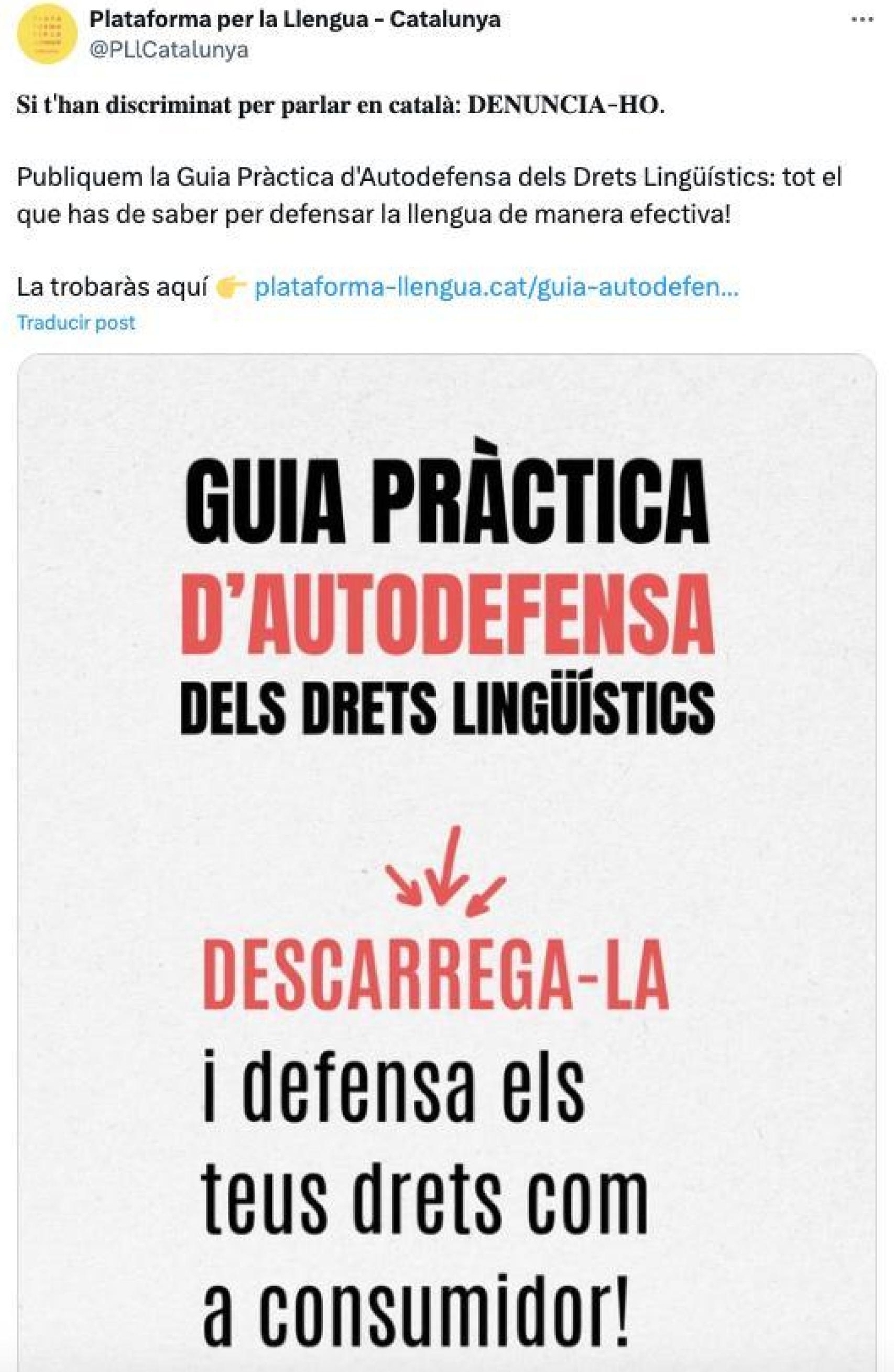 Tuit de Plataforma per la Llengua promocionando su guía de delaciones lingüísticas