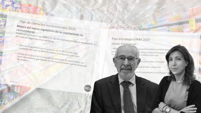 Miguel Ángel Feito, presidente de la OCU; Ileana Izverniceanu,'dircom', y el plan