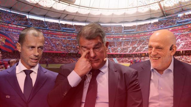 Aleksander Ceferin, Joan Laporta y Javier Tebas, en un montaje con el nuevo Camp Nou de fondo