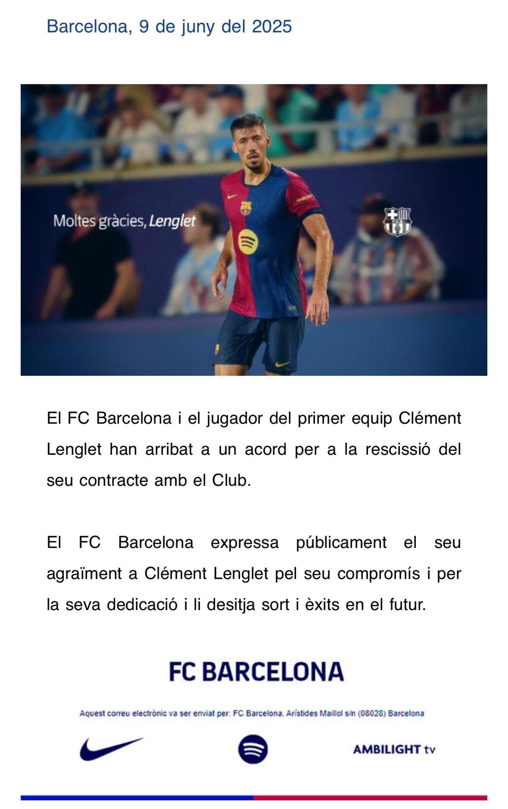 Comunicado del FC Barcelona sobre la rescisión de contrato de Lenglet