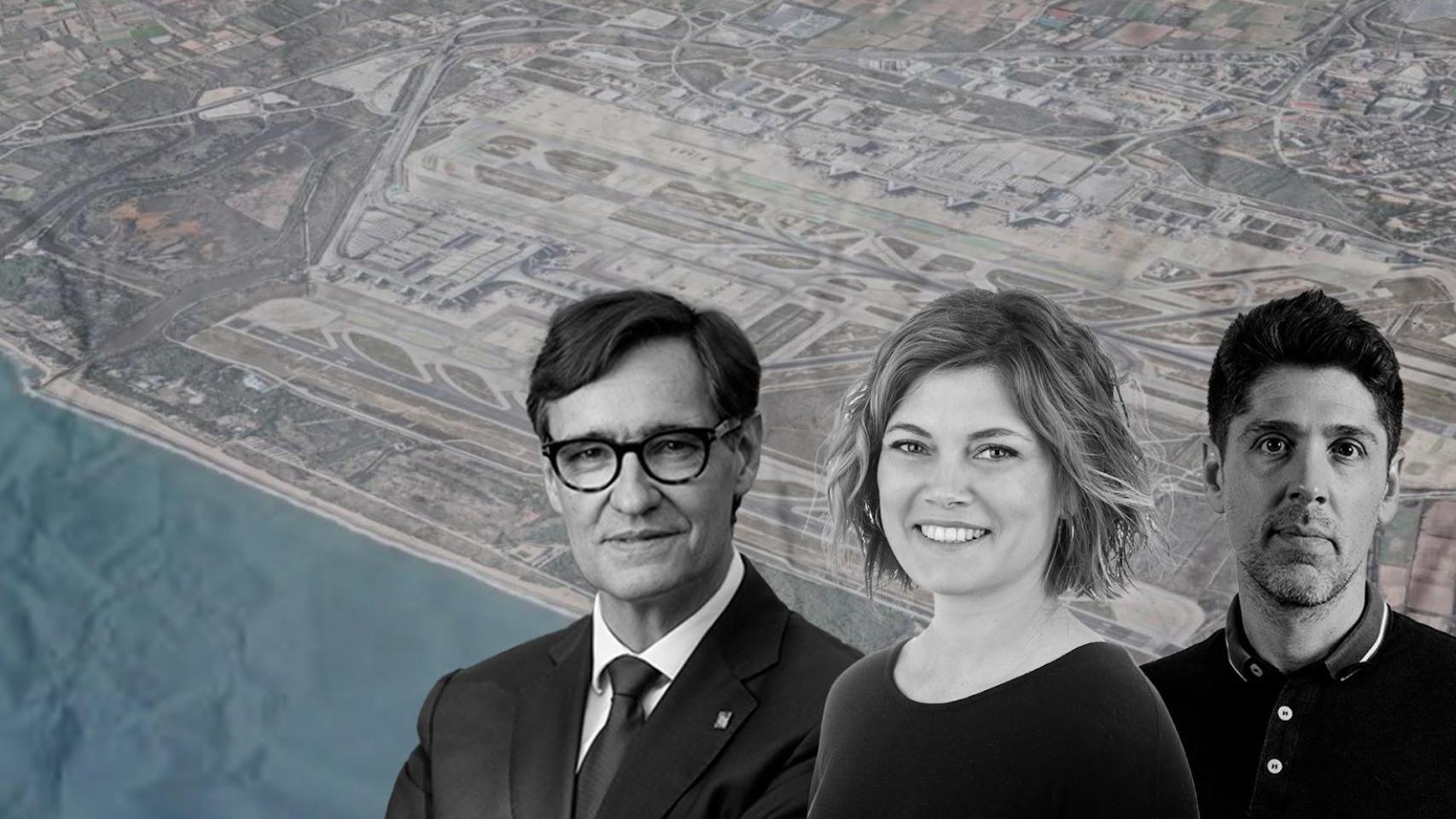 Fotomontaje de Salvador Illa, Elisenda Alamany y David Cid, con el aeropuerto de El Prat antes de la ampliación de fondo