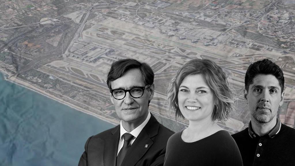 Fotomontaje de Salvador Illa, Elisenda Alamany y David Cid, con el aeropuerto de El Prat antes de la ampliación de fondo