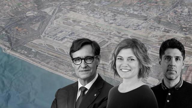 Fotomontaje de Salvador Illa, Elisenda Alamany y David Cid, con el aeropuerto de El Prat antes de la ampliación de fondo