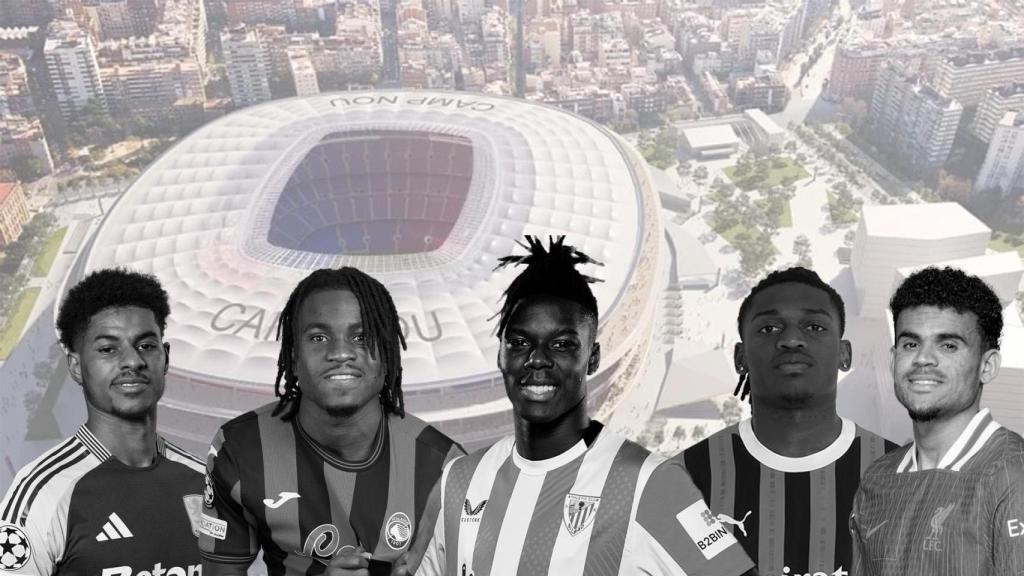 Fotomontaje con Rashford, Lookman, Nico, Díaz y Leao, extremos que gustan al Barça