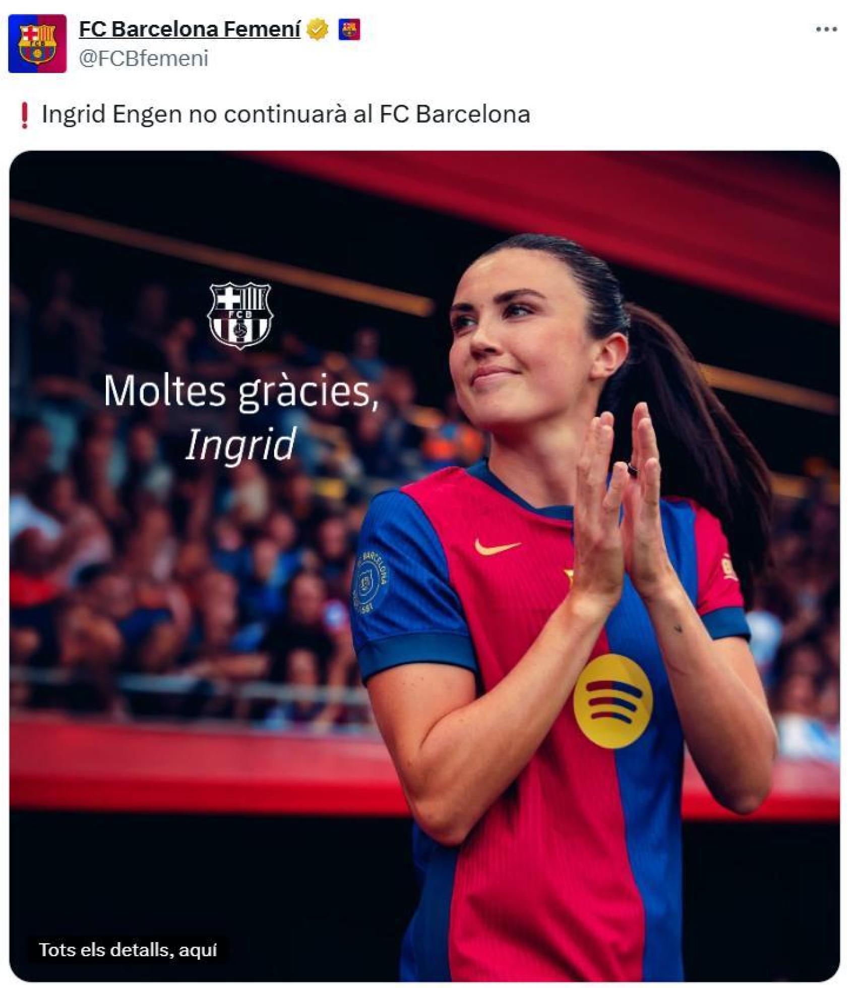 El Barça Femenino comunica la marcha de Ingrid Engen