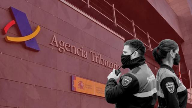Montaje de una oficina de la Agencia Tributaria con dos agentes de seguridad privada