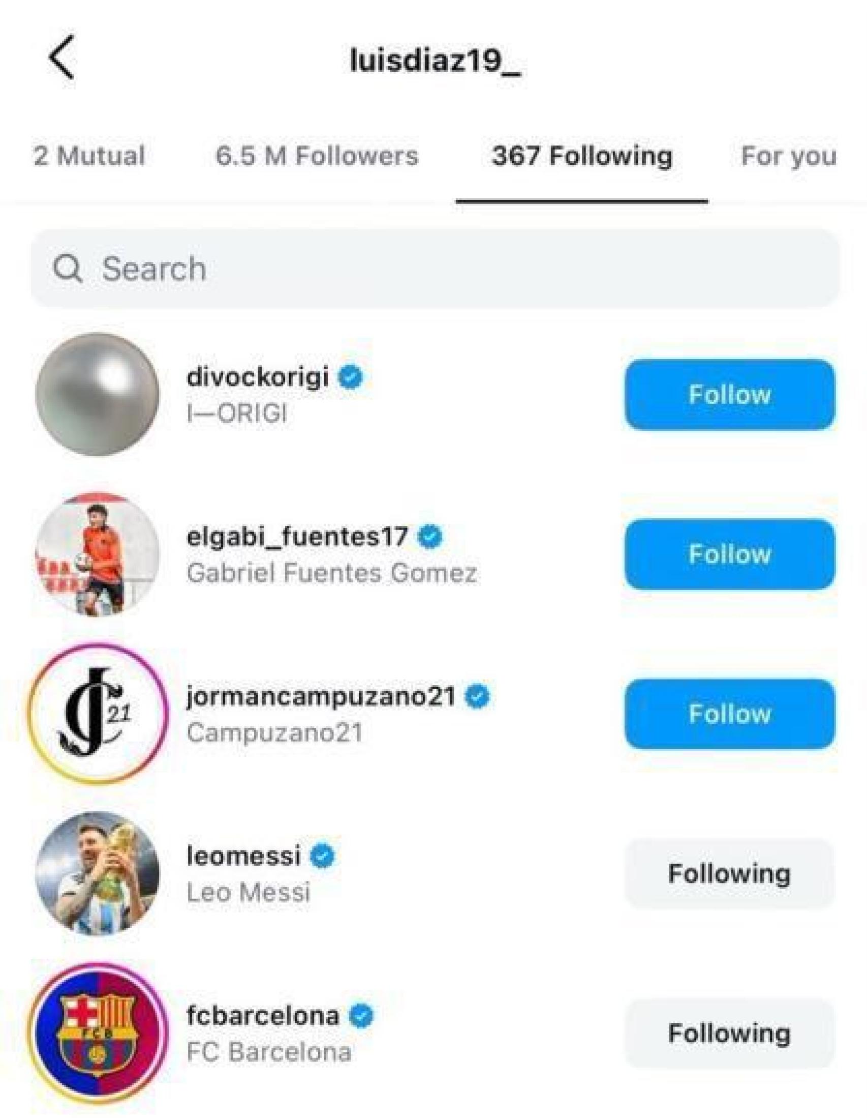 Luis Díaz empieza a seguir al Barça en Instagram