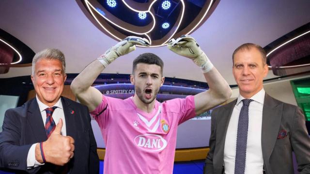 Joan Laporta, Joan García y el abogado Ramon Valencia, en un montaje