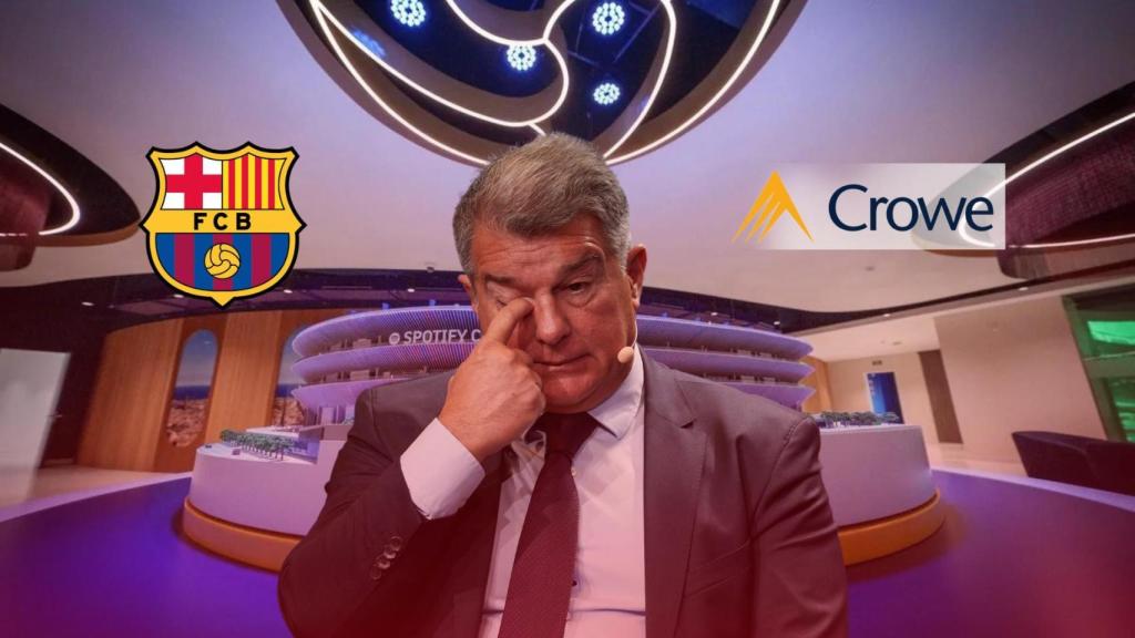 El presidente del Barça, Joan Laporta, en un montaje con el logotipo del club y del auditor, Crowe Global