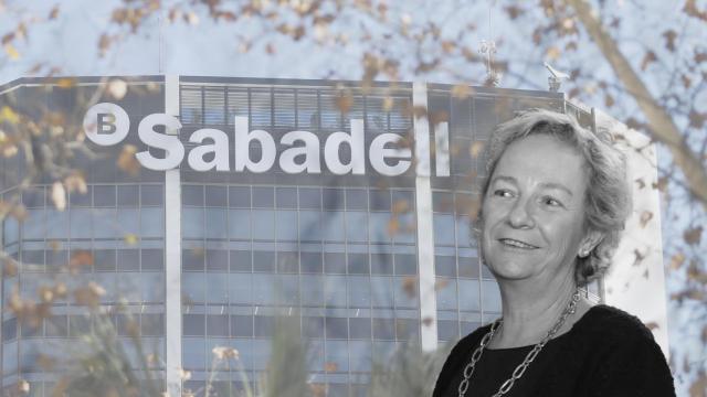 María Luisa Lombardero, en un montaje sobre la sede del Banco Sabadell / CG