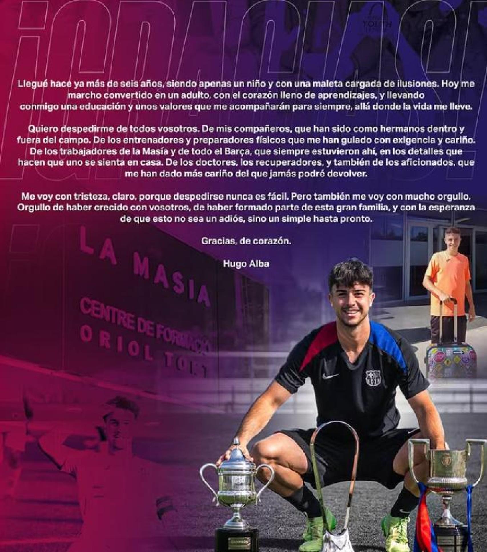 Hugo Alba se despide del Barça y la Masía tras terminar su formación