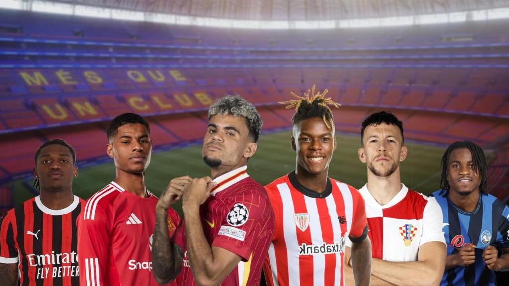 Rafael Leao, Marcus Rashford, Luis Díaz, Nico Williams, Ivan Perisic y Ademola Lookman, en un montaje