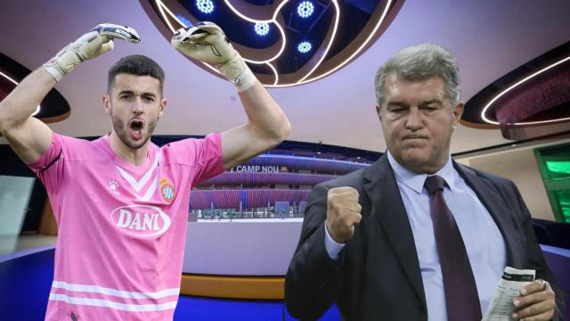 Joan García y Joan Laporta, en un montaje con las oficias del Barça de fondo