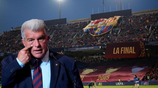 Joan Laporta, en un montaje con el Estadi Olímpic Lluís Companys de fondo