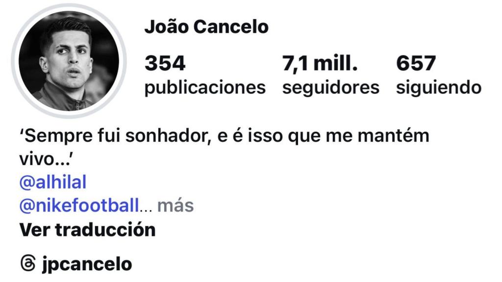 El perfil de Instagram de Joao Cancelo, con una foto de su etapa en el Barça