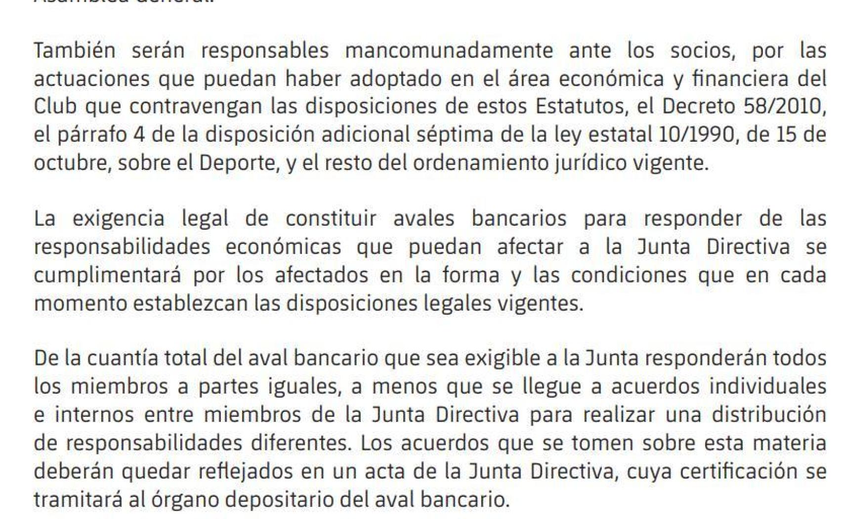 El artículo de 38 de los estatutos del Barça, sobre la junta directiva y la composición del aval