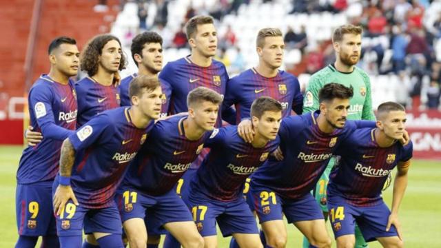 El once inicial del Barça Atlètic en un partido contra el Albacete en 2018