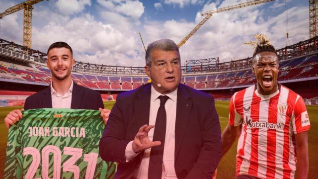 Joan García, Joan Laporta y Nico Williams, en un fotomontaje con el Camp Nou de fondo
