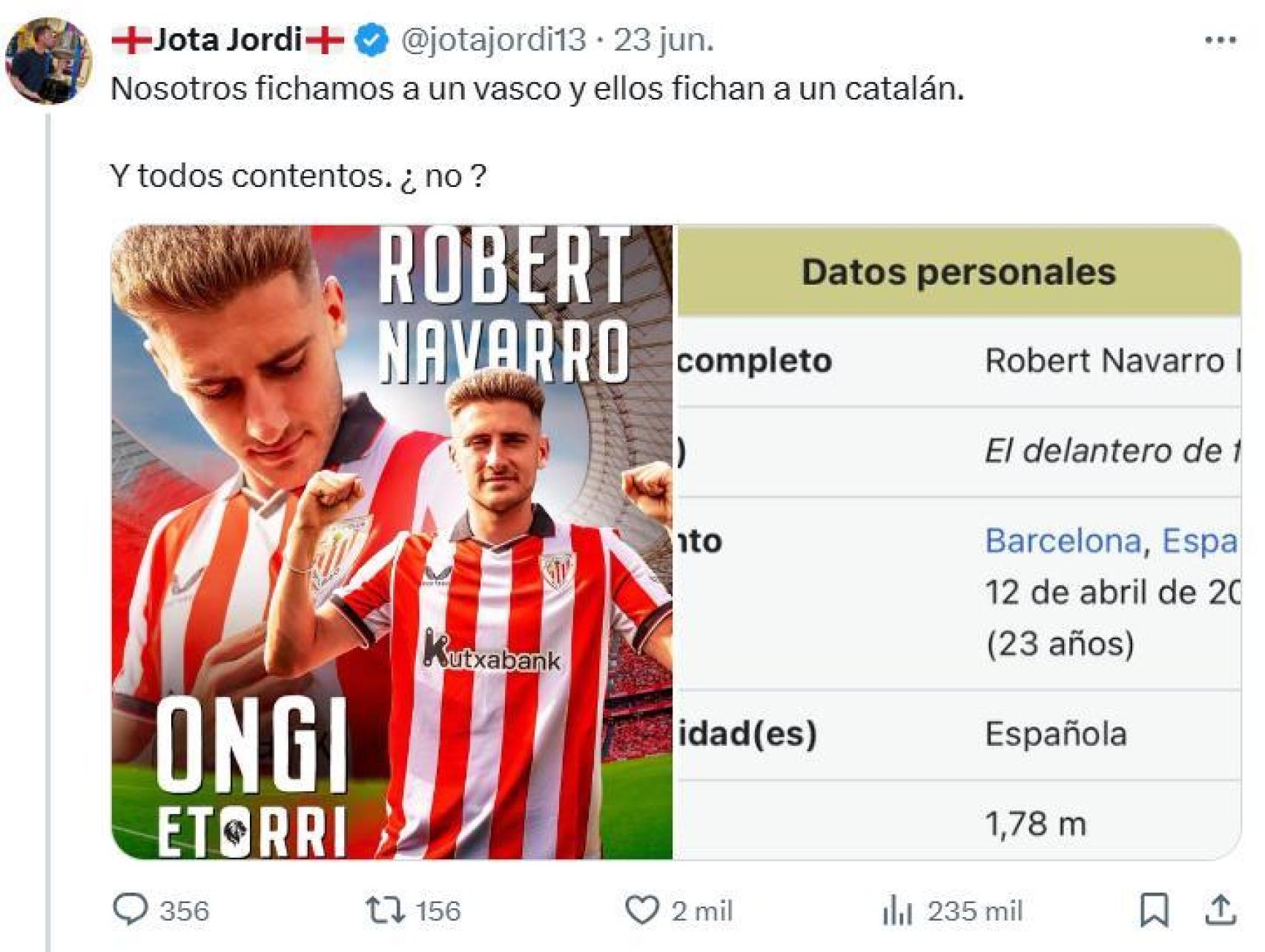 Jota Jordi advierte que el último fichaje del Athletic Club, Robert Navarro, es catalán