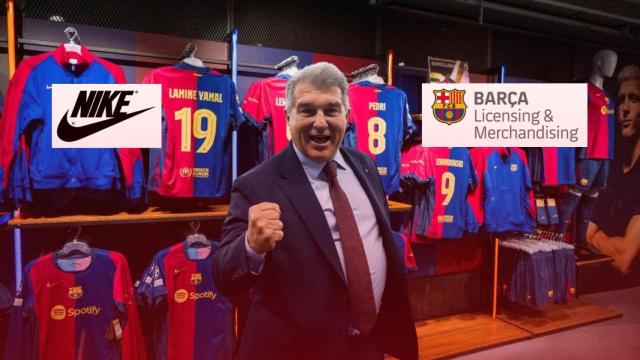 Nike, BLM y Joan Laporta en un fotomontaje con una Barça Store de fondo