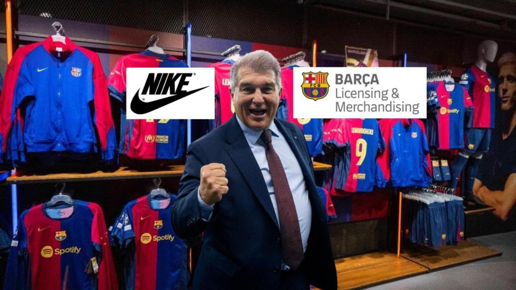Nike, BLM i Joan Laporta en un fotomuntatge amb una Barça Store de fons