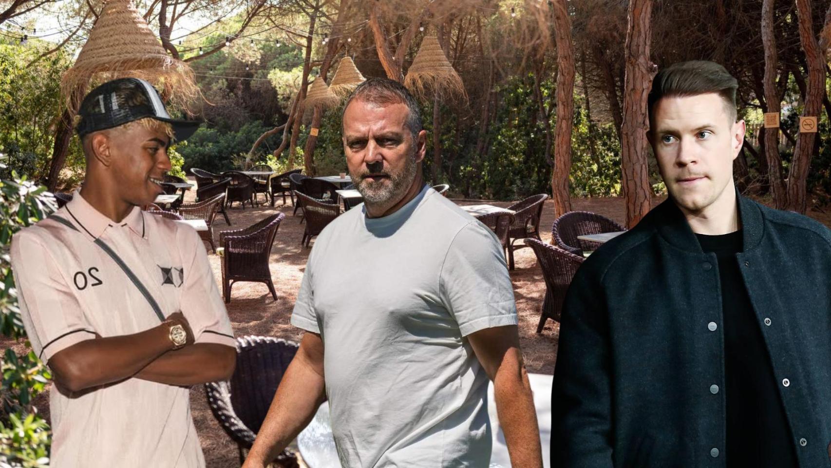 Lamine Yamal, Hansi Flick y Ter Stegen, en un fotomontaje con el restaurante Catalina Gavà Mar de fondo