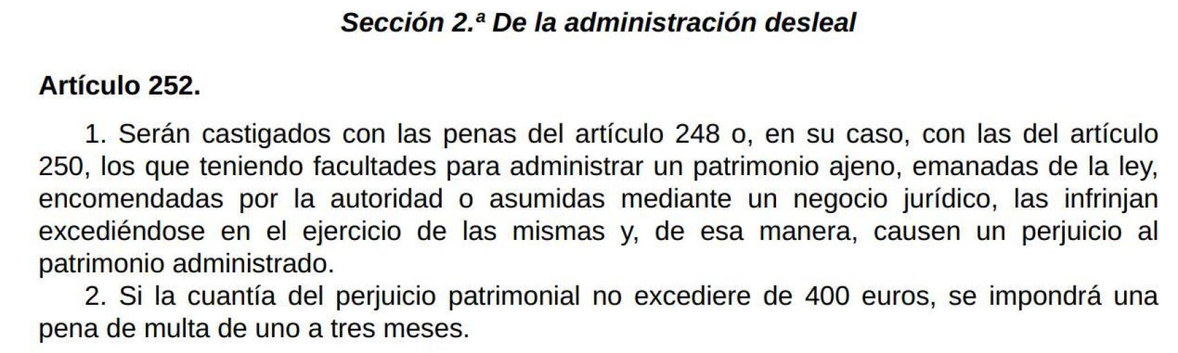 El Código Penal tipifica el delito de administración desleal por perjuicio de un patrimonio ajeno