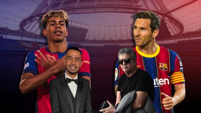 Lamine Yamal y Leo Messi, junto a sus padres, en un fotomontaje