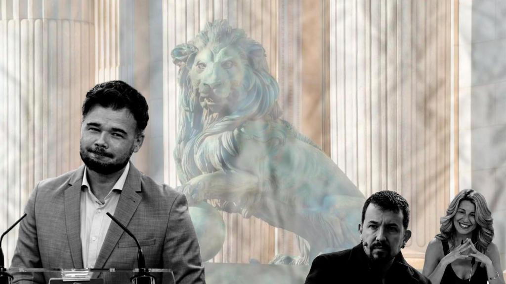 Fotomontaje de Gabriel Rufián, con la fachada del Congreso de los Diputados de fondo y junto a Yolanda Díaz y Pablo Iglesias