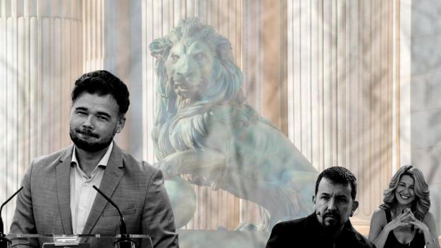 Fotomontaje de Gabriel Rufián, con la fachada del Congreso de los Diputados de fondo y junto a Yolanda Díaz y Pablo Iglesias