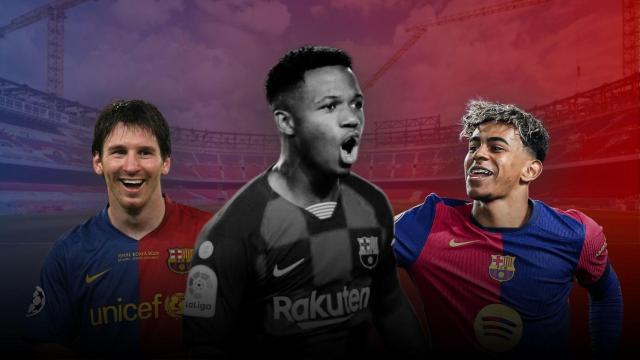 Leo Messi, Ansu Fati y Lamine Yamal en un montaje en el Camp Nou