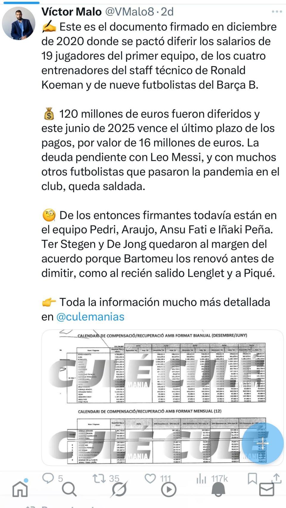 Tuit de Culemanía sobre los pagos a Messi