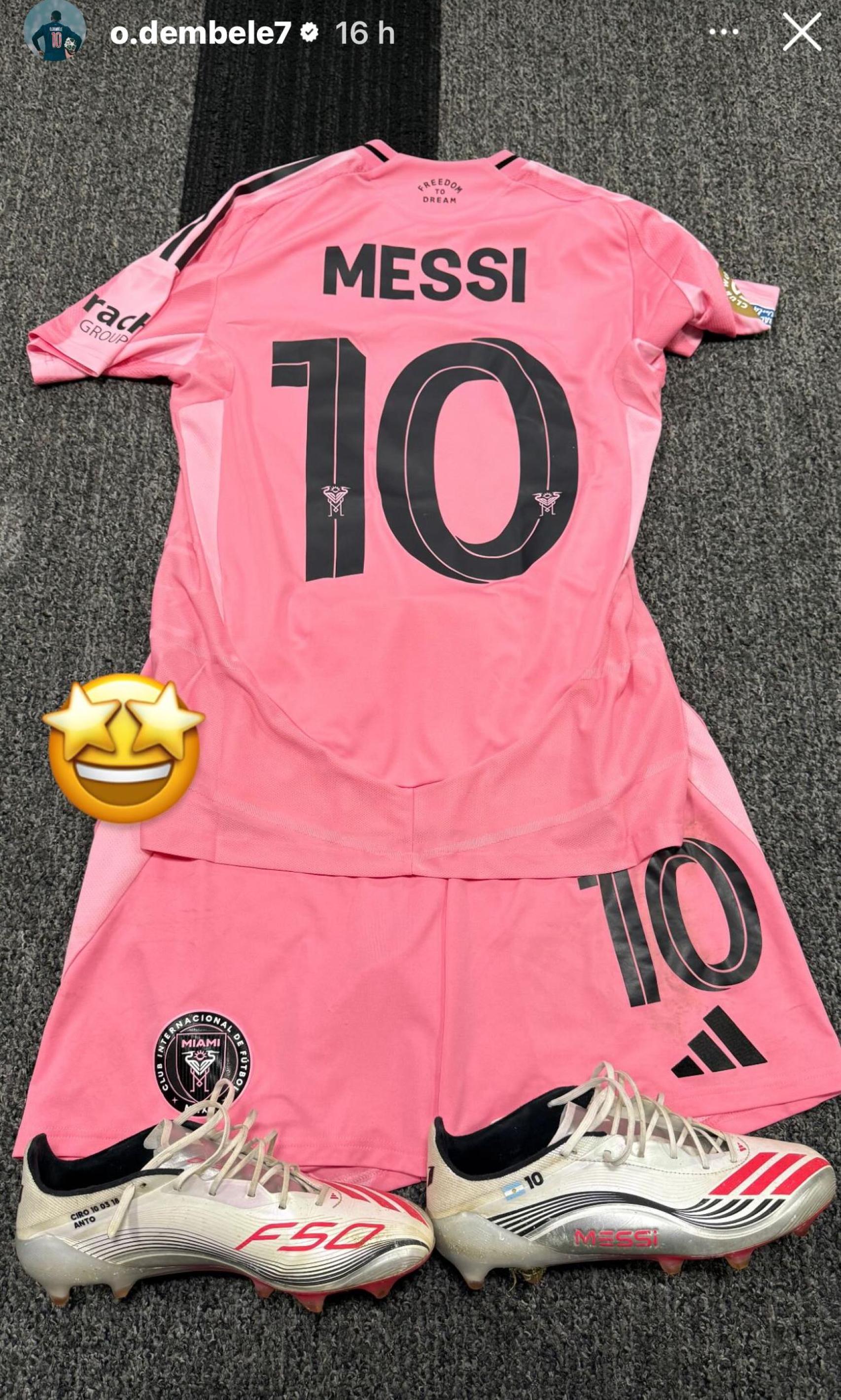 La historia de Instagram de Ousmane Dembelé mostrando que Messi le dio su camiseta, pantalón y botas