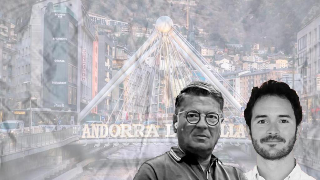 Manel Torras i el seu fill Marc, davant d'una imatge d'Andorra