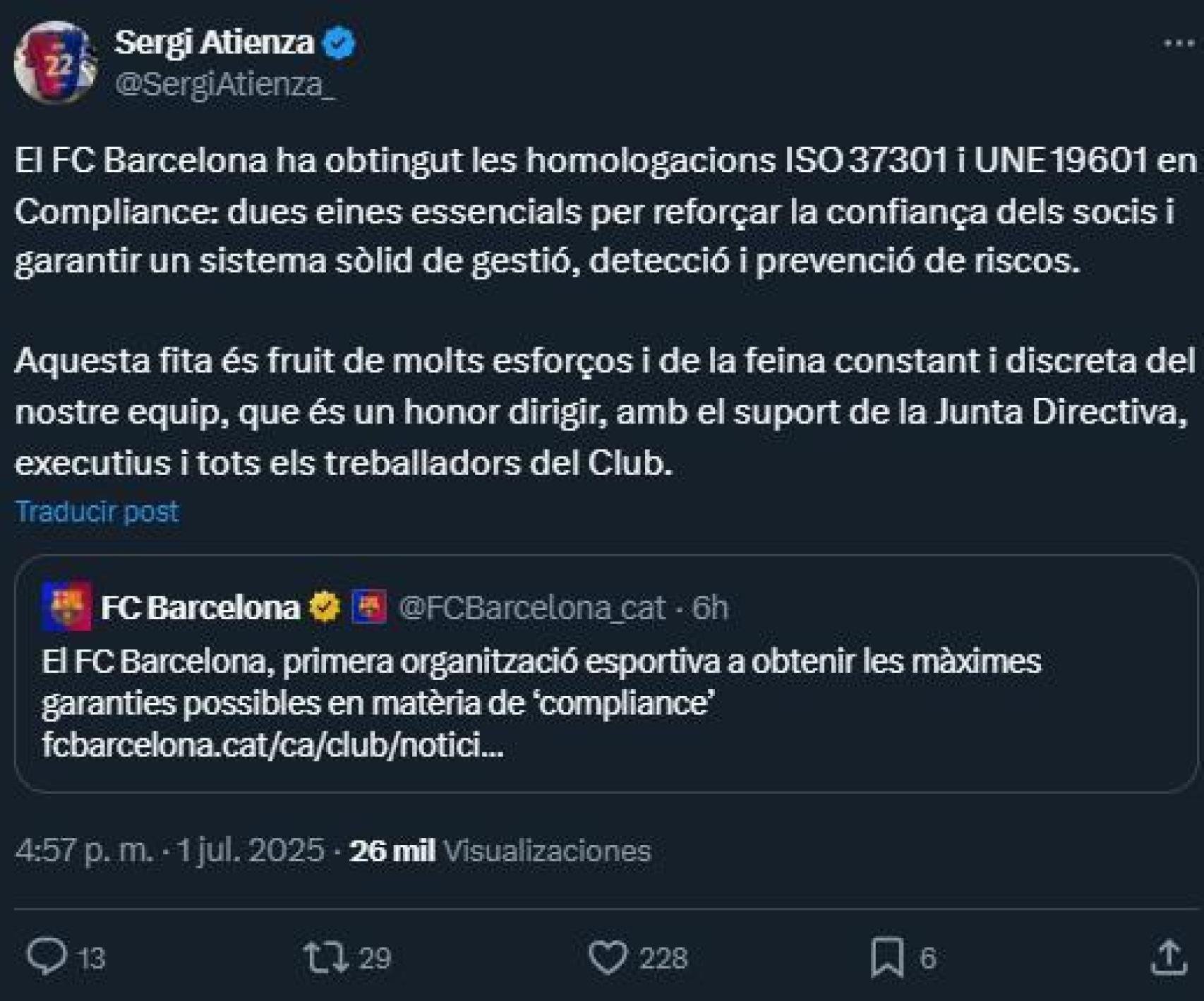 Sergi Atienza celebra las dos certificaciones que recibió el Barça en materia de 'compliance'