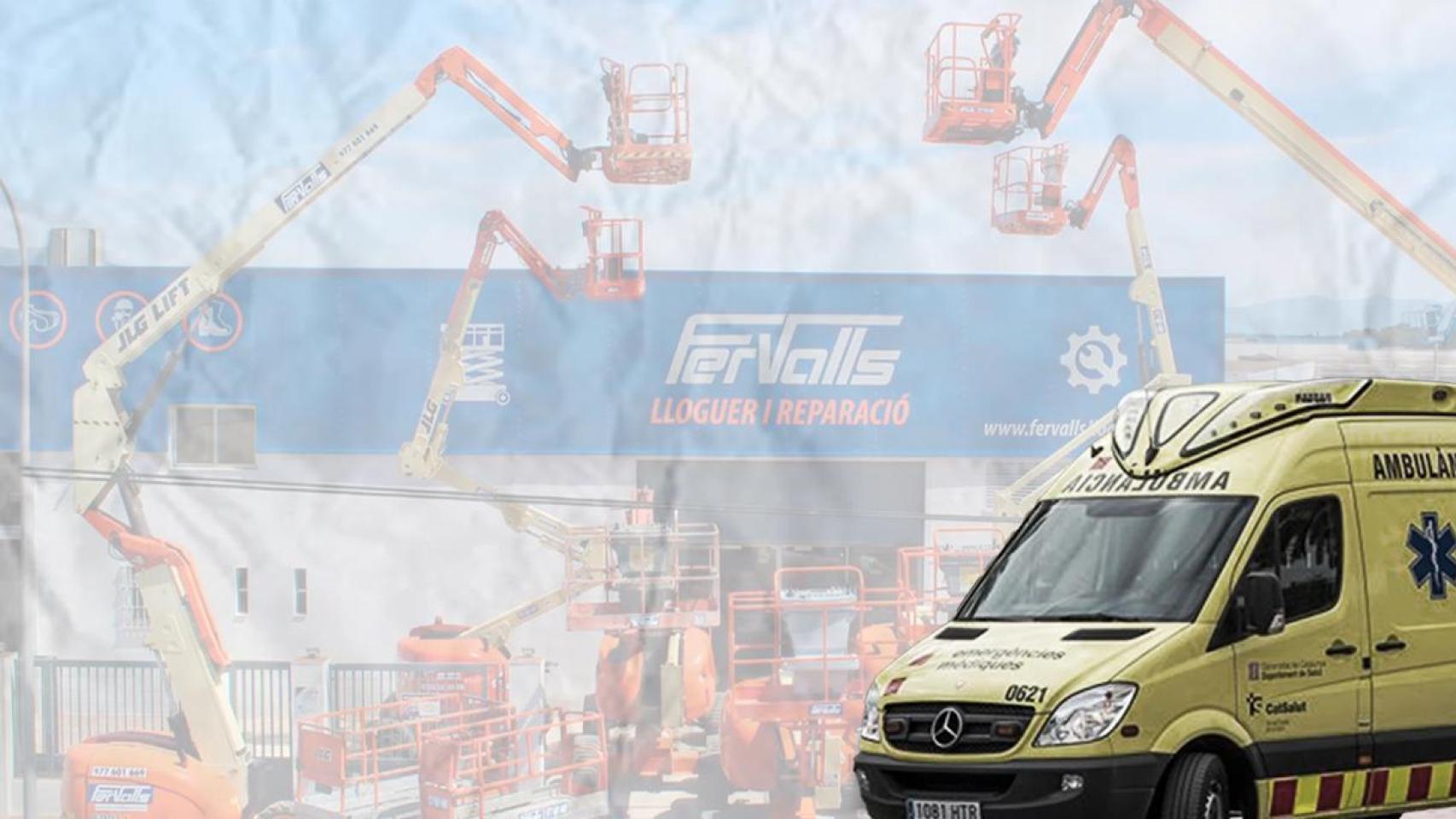 Una ambulancia, ante la sede de la empresa Fervalls Lloguer