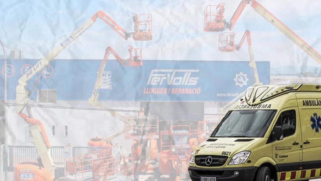 Una ambulancia, ante la sede de la empresa Fervalls Lloguer