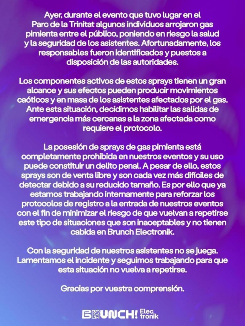 Comunicado del Brunch! Electronik tras el ataque con gas pimienta en el Parc de la Trinitat, en Barcelona
