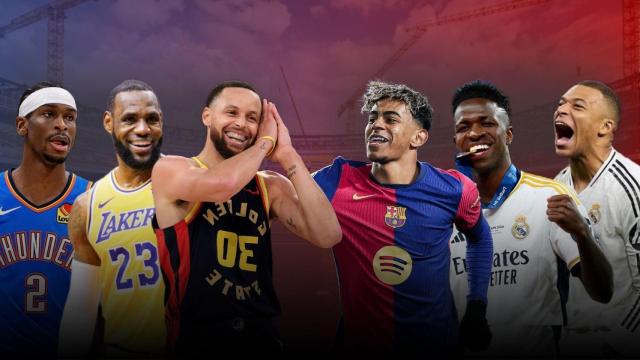 Shai, Lebron James, Stephen Curry, Lamine Yamal, Vinicius Jr y Mbappé en un montaje