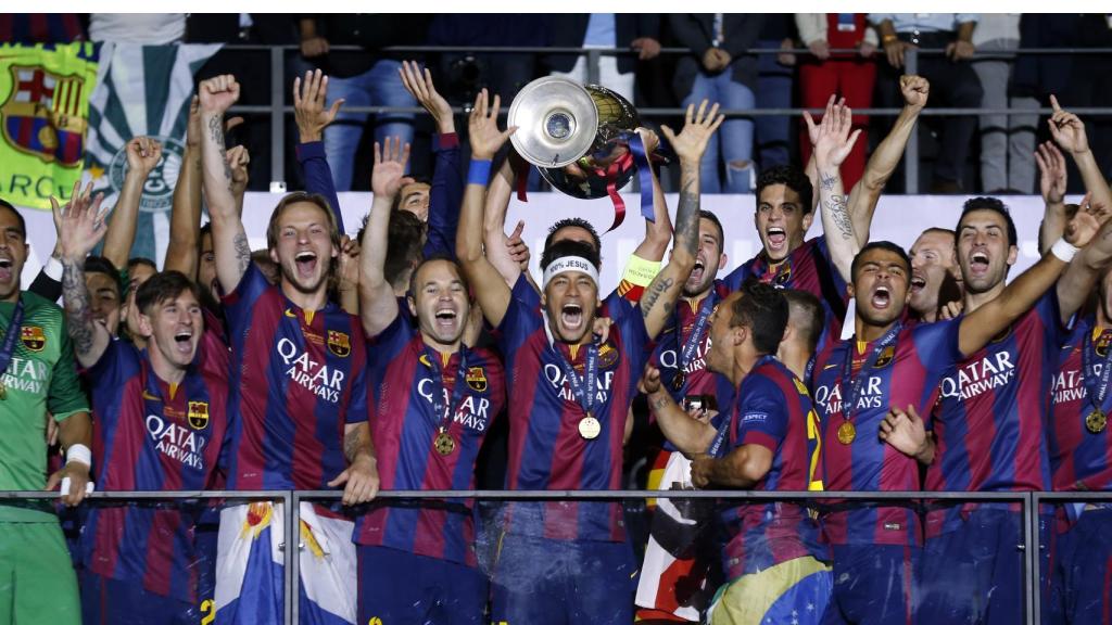 L'eufòria dels jugadors del Barça després de guanyar la Champions League a Berlín
